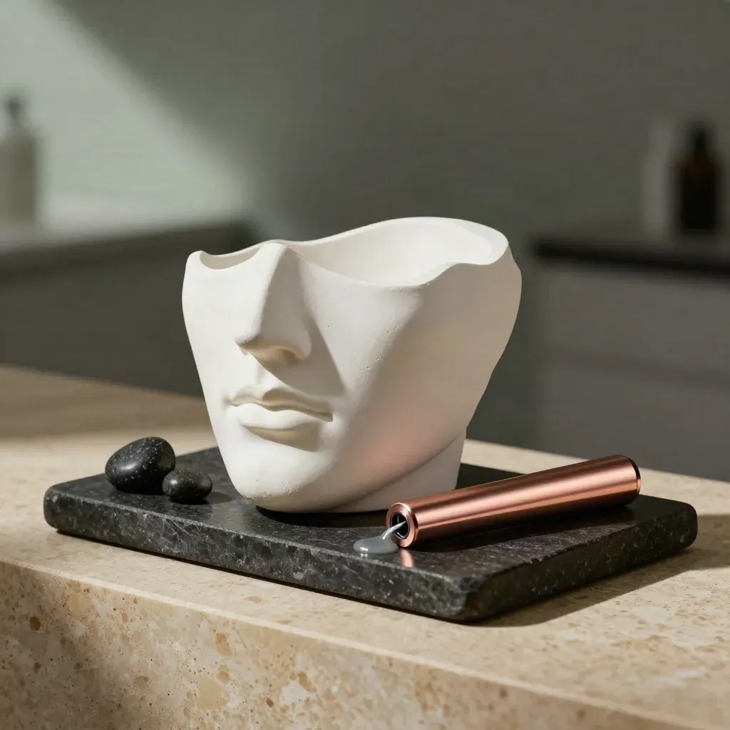 Plaster jawline cast with rose-gold tightening wand and cooling stones on a dark tray.