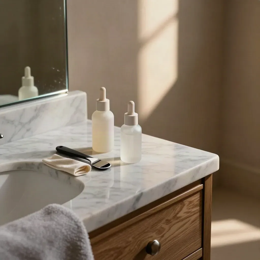 Matte marble vanity with serum bottles, dermaplaning case, and a clean mirror edge in warm afternoon light.