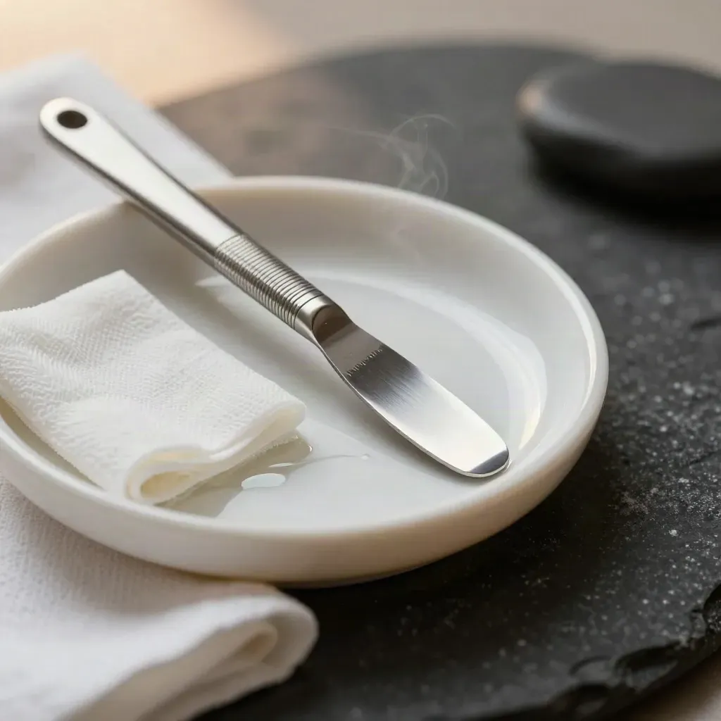 Dermaplaning blade resting in a pearl dish with gauze and powder haze