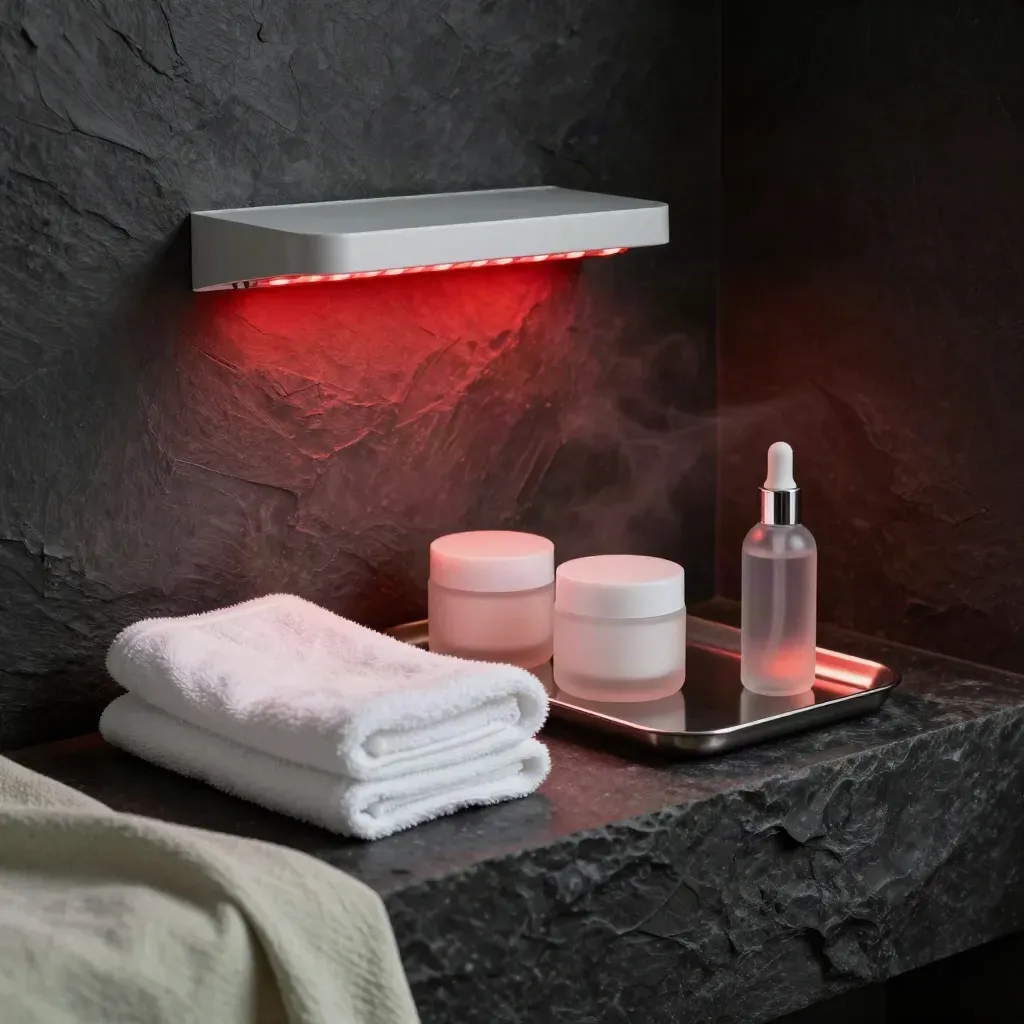 Red light therapy panel with gel jars, folded towels, and soft vapor in a dim skincare corner.