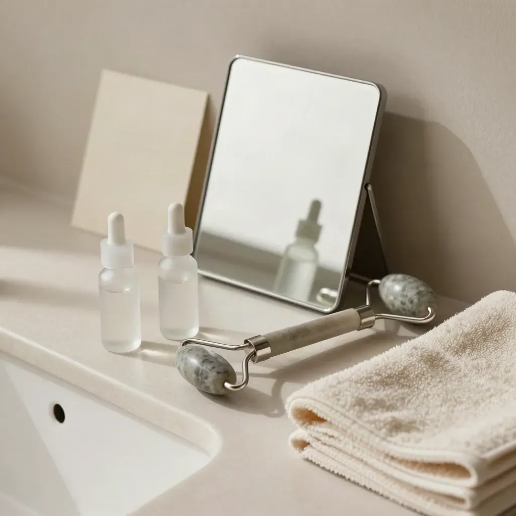 Overhead mirror, serum vials, stone roller, and folded towels on a washstand