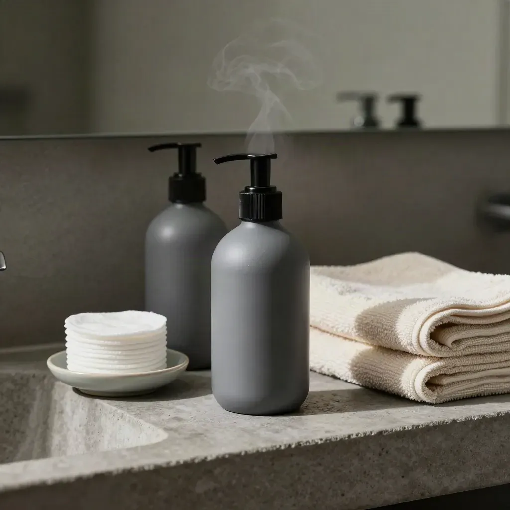 Charcoal pump bottles, cotton pads, and folded towels on a stone shelf