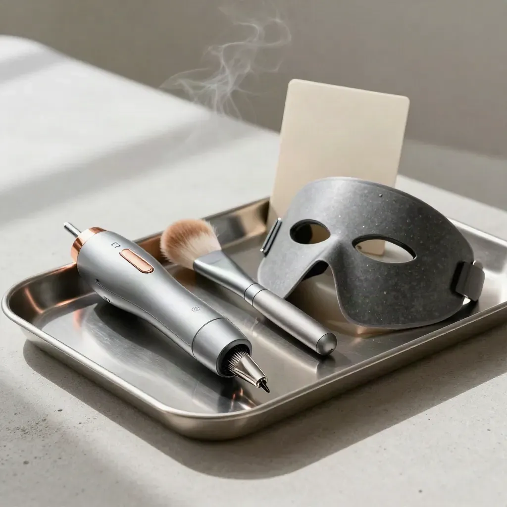 Microneedling, peel, LED, and tightening tools arranged on a stainless tray with cool mist.