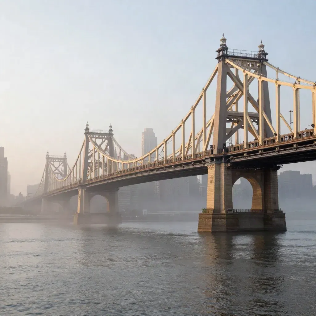 Queensboro Bridge arches over East River fog with Manhattan towers at dawn.
