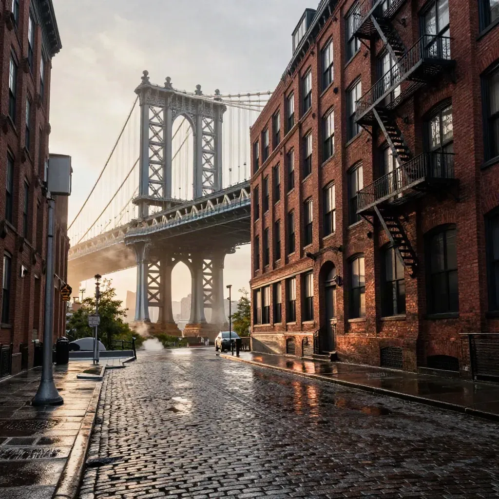 DUMBO warehouses and Manhattan Bridge over wet cobblestones in golden hour mist