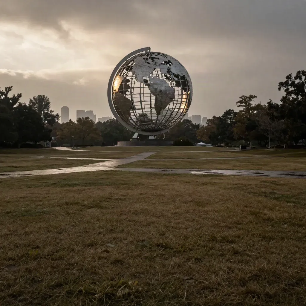 Rain-hazed Unisphere above Flushing Meadows lawns with a faint LIC skyline