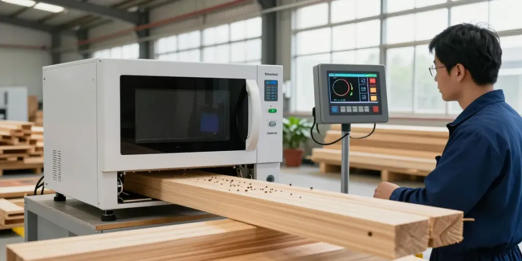 Shashel® microwave technology eliminating wood-boring insects in a modern wood treatment facility.